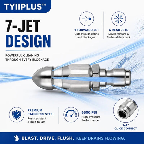 6500 PSI Sewer Jetter Nozzle – 1/4" Quick Connect Drain Cleaning Attachment for Pressure Washers